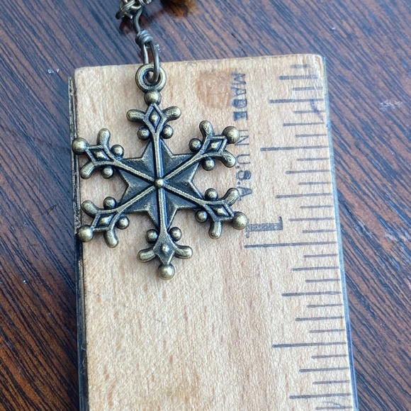 Snowflake Beaded Rosary Style Red, Brass & Golden Wire Wrapped Necklace - Picture 5 of 8